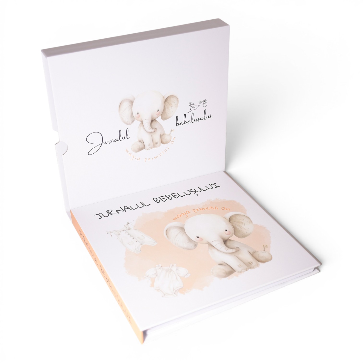 Jurnalul bebelușului — copertă hardcover cu elefant acuarelă și cutie cadou